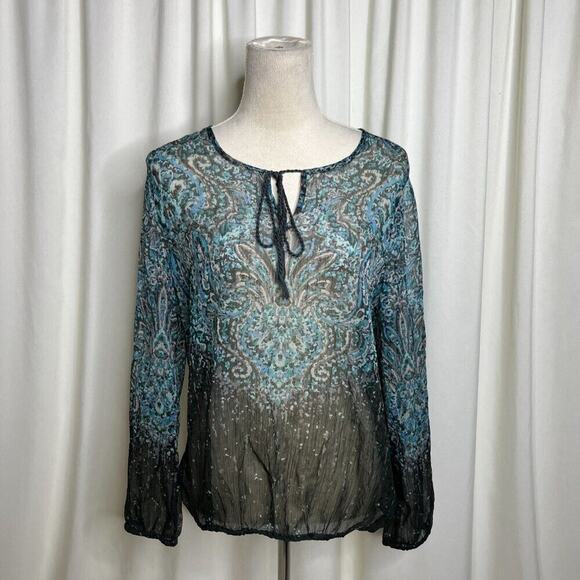 a.n.a Sheer Paisley Blouse Sheer Ombre Long Sleeve Women's Medium Blue Boho - Picture 2 of 9